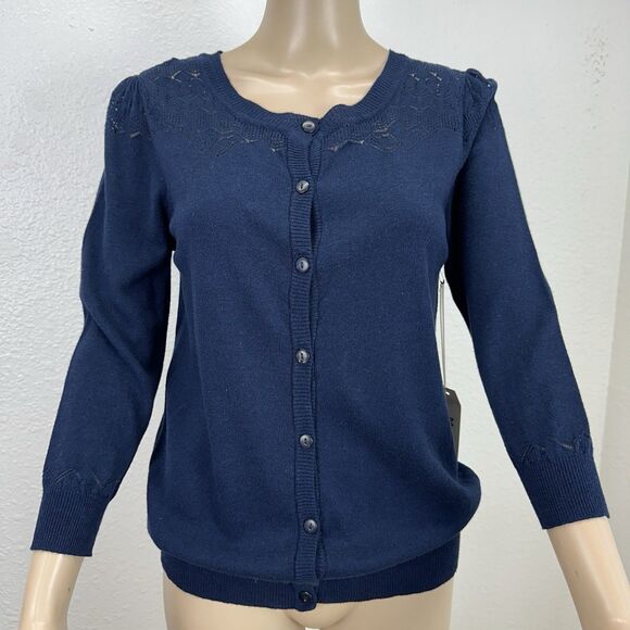Mark Sweater Women Retro Cottage Basic Layer Staple Button Navy Crochet M,L - Picture 10 of 10